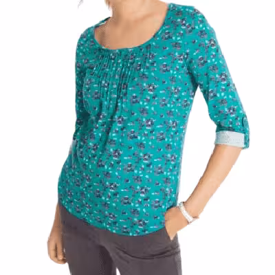 Baumwoll - Langarmshirt, verstellbare Ärmel, smaragdgrün geblümt, Größe 48/50 – Bild 3