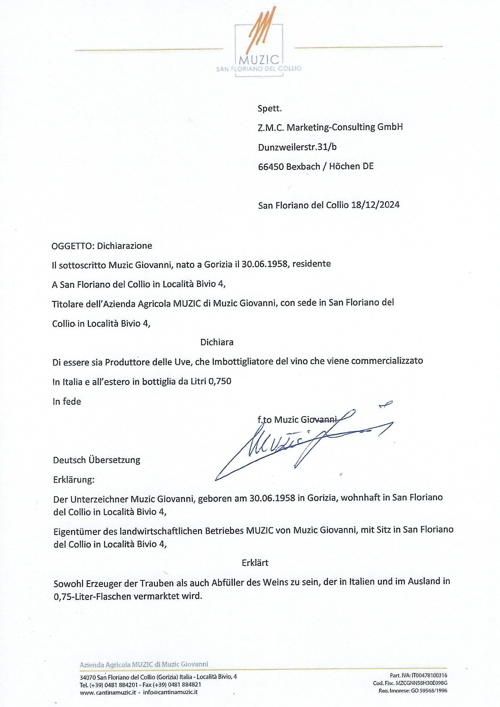 (20,93€/l) Muzic Collio Chardonnay Weiß D.O.C. 2023er 0,75 Liter Fl. 13,5% Vol. – Bild 4