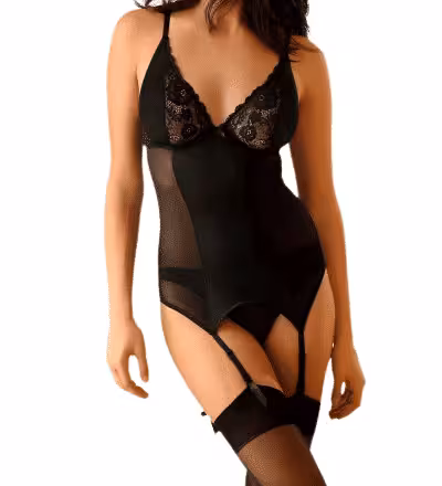 petite fleur gold Set: Corsage mit String mit Strapshaltern, in Schwarz, Größe 90C, 44/46 – Bild 2